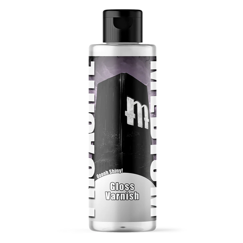 Monument Hobbies Pro Acryl Paint: Gloss Varnish 120ml clear bottle, black cap, "Gloss Varnish" label, shiny building graphic.