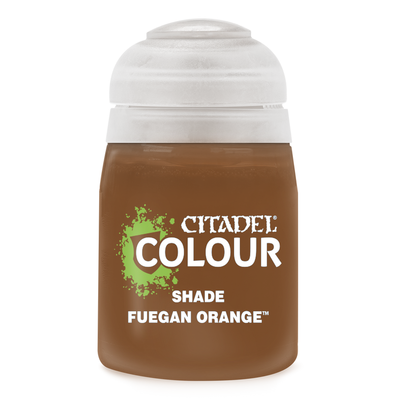A Citadel Shade Paints: Fuegan Orange (18ml) bottle from Games Workshop features a white cap, brown-orange paint, green splatters, and bold white text.