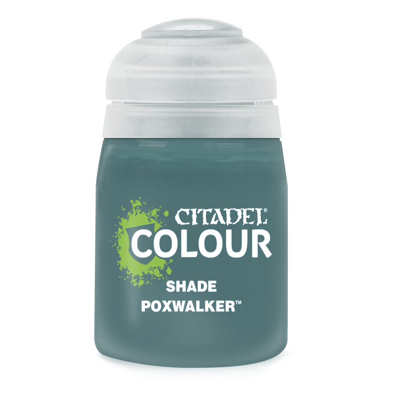 Citadel Shade Paints: Poxwalker (18ml) features a clear plastic lid, teal-blue paint, and a label with Citadel and Games Workshop logos plus the paint name in white text.