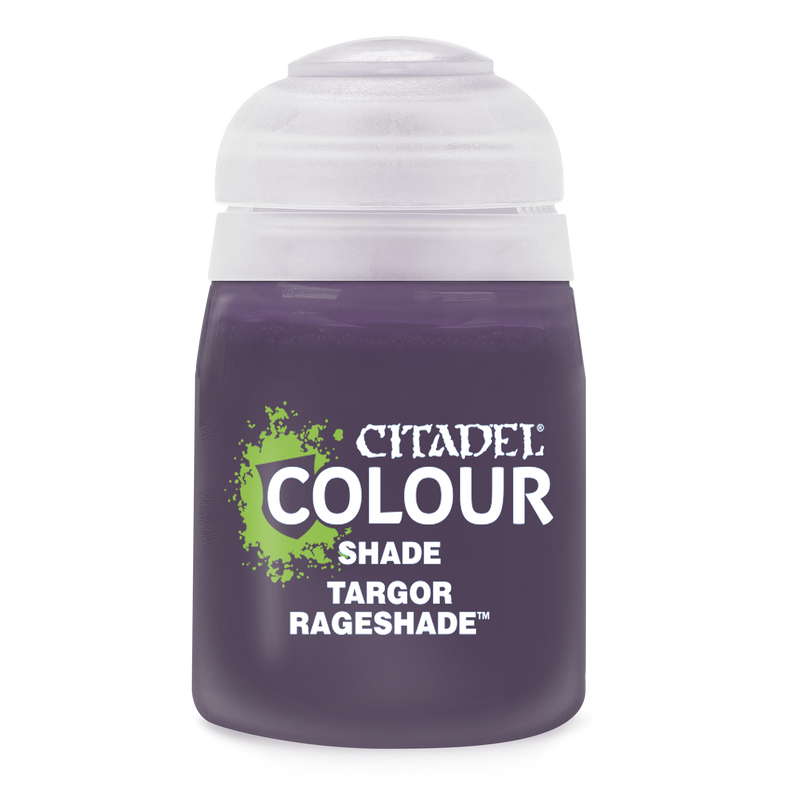 Citadel Shade Paints: Targor Rageshade (18ml) is a purple shade in a plastic pot with a translucent screw-top lid.