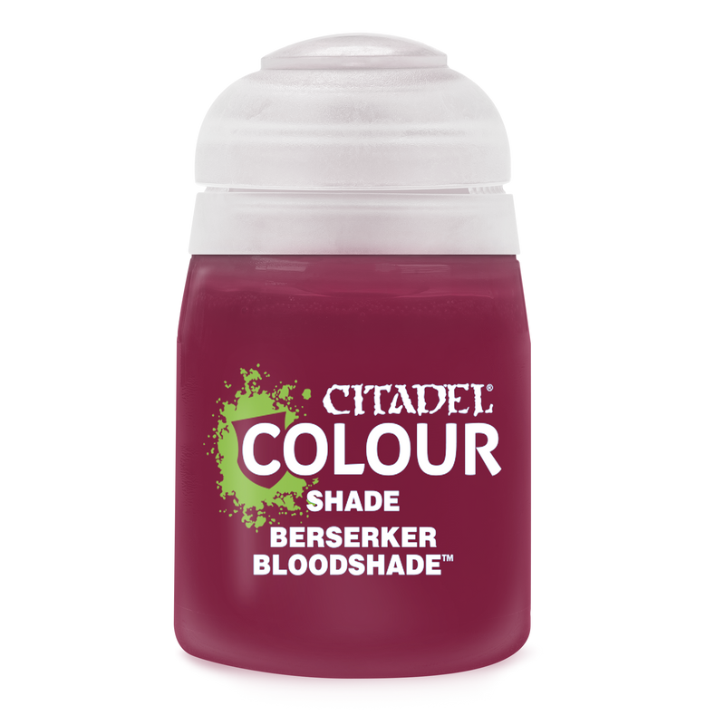 An 18ml pot of Citadel Shade Paints: Berserker Bloodshade, maroon-red hue, clear lid, green splashes and white text on label.