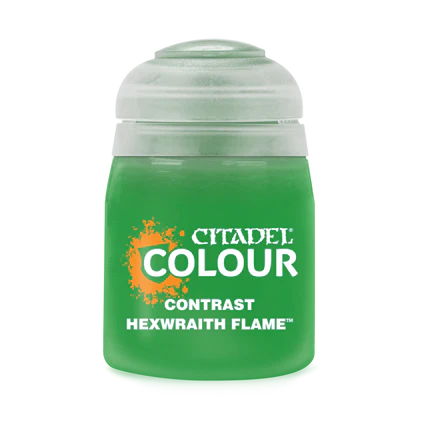An 18ml pot of Citadel Contrast Paints: Hexwraith Flame, a bright green translucent paint for miniatures on a white background.