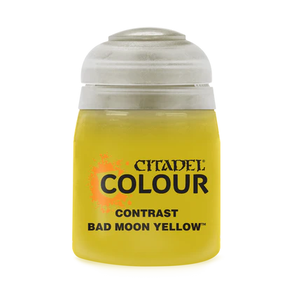 Citadel Contrast Paints: Bad Moon Yellow (18ml) features bright yellow paint in a small plastic pot with a clear lid—ideal for miniature painting.