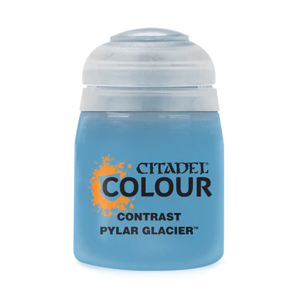 An 18ml pot of Citadel Contrast Paints: Pylar Glacier, with a clear dome lid and light blue paint inside—ideal for miniature painting.