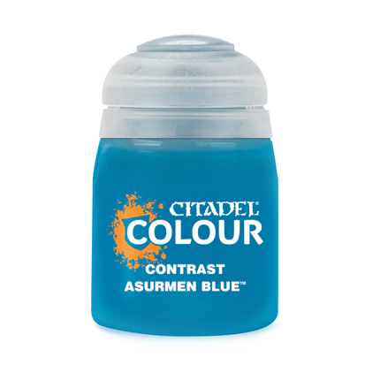 A small 18ml pot of Citadel Contrast Paints: Asurmen Blue with a gray lid and blue label, shown on a plain white background.