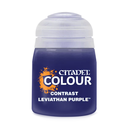 Citadel Contrast Paints: Leviathan Purple (18ml) is a dark purple paint from Games Workshop in a small pot with a clear lid.