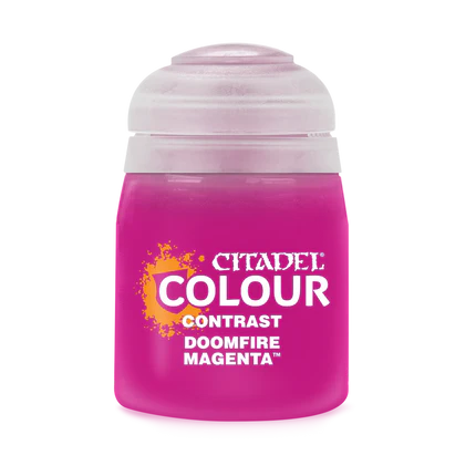 Citadel Contrast Paints: Doomfire Magenta (18ml) by Games Workshop—a small plastic pot with clear lid and vibrant magenta label.