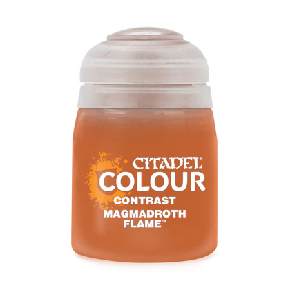 An 18ml pot of Citadel Contrast Paints: Magmadroth Flame—vibrant orange paint for miniatures, featuring white front labeling and a plastic container.