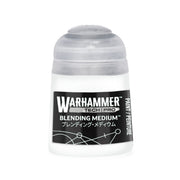A Warhammer Tone Pro plastic paint pot with a translucent cap and a black label reading Blending Medium in English and Japanese.