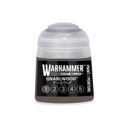 A dark brown Warhammer Tone Pro paint bottle with a translucent cap, featuring a Gnarlwood label and a row of numbers one through five.