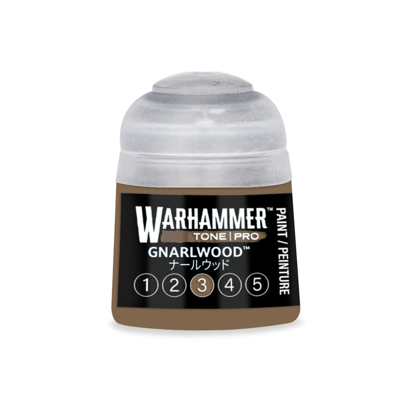 A small plastic pot of brown Warhammer Tone Pro acrylic paint with a translucent cap and a label reading Gnarlwood, featuring a row of five numbered circles.