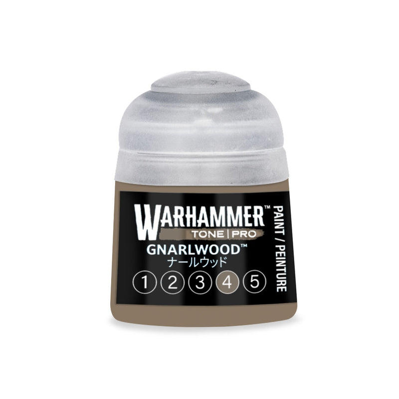 A small Games Workshop plastic pot of Warhammer Tone Pro paint, featuring a label with the color name and a row of numbers one through five enclosed in circles.