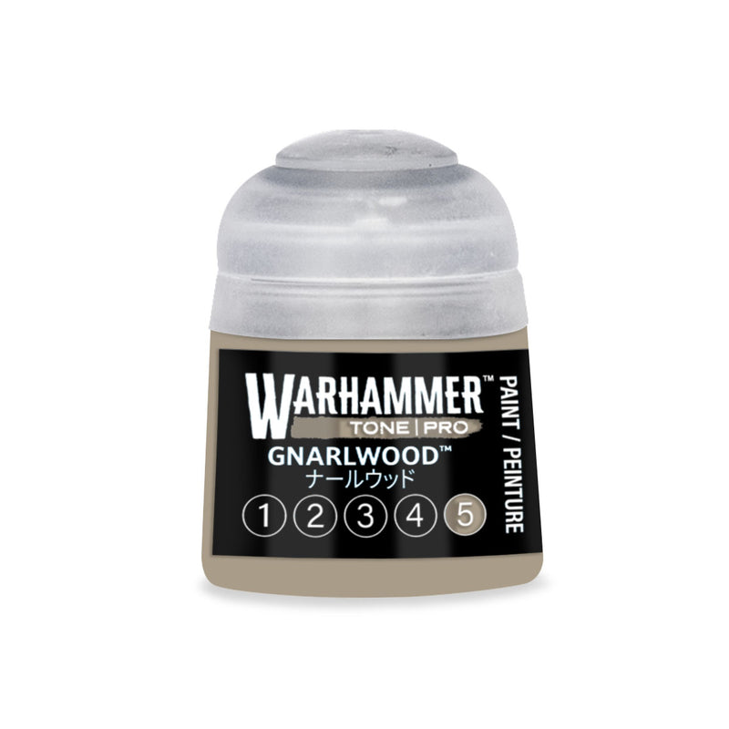 A Warhammer Tone Pro paint pot with a tan-colored cap and a label reading Gnarlwood above a row of five numbered circles.