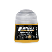 A Warhammer Tone Pro paint pot with a tan-colored label featuring the text Khemri Sands and a circled number four.