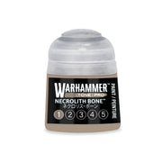 Warhammer Tone Pro paint pot labeled Necrolith Bone with a row of five numbered circles at the base.