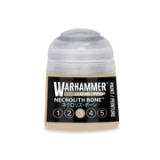 A Warhammer Tone Pro Necrolith Bone paint pot with a number three highlighted in a row of five circles.