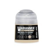 A small pot of Warhammer Tone Pro beige hobby paint with a translucent cap and a label reading Necrolith Bone, featuring a row of numbered circles from one to five.
