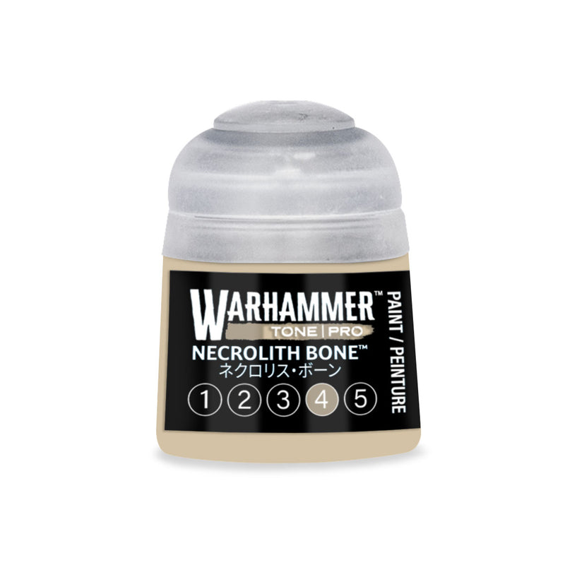 A small pot of Warhammer Tone Pro beige hobby paint with a translucent cap and a label reading Necrolith Bone, featuring a row of numbered circles from one to five.