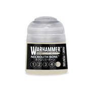 A Warhammer Tone Pro plastic paint pot containing off-white paint with a label reading Necrolith Bone and a row of numbered circles from one to five.
