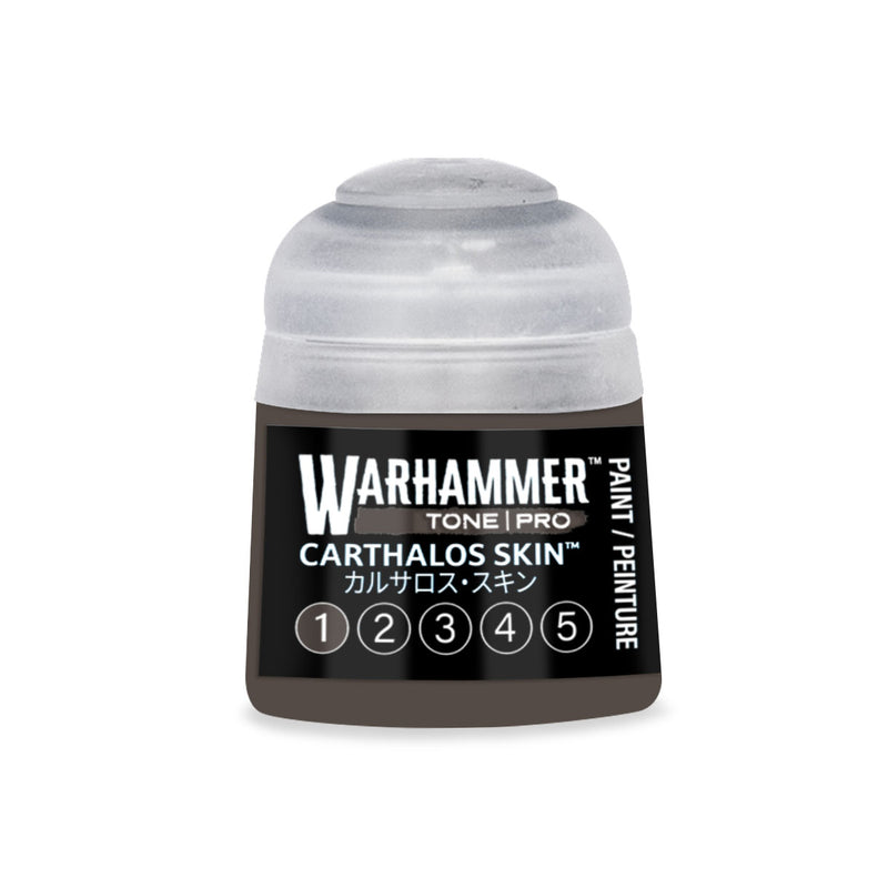 A pot of Warhammer Tone Pro paint labeled Carthalos Skin, featuring the numbers one through five enclosed in circles.