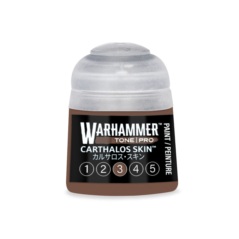 Small brown Warhammer Tone Pro paint pot with a translucent cap, labeled Carthalos Skin and featuring a numbered scale from 1 to 5.