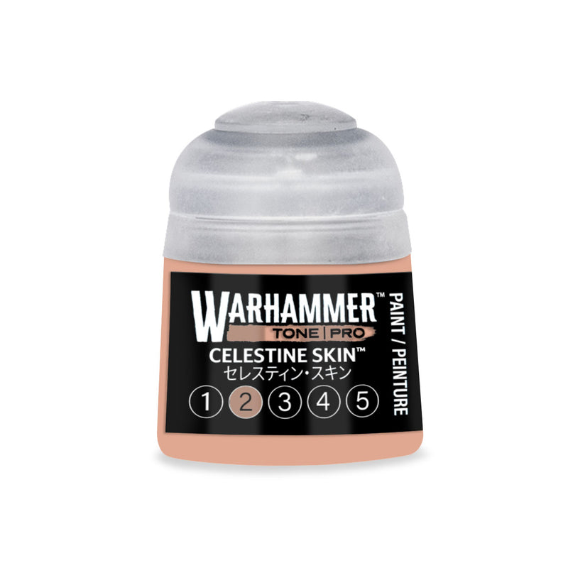 A pot of Warhammer Tone Pro paint in a peach-colored tone, featuring a numbered scale from one to five at the bottom.