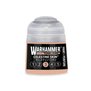 A small plastic pot of light peach-colored Warhammer Tone Pro paint with a translucent cap and a label indicating color number three out of five.
