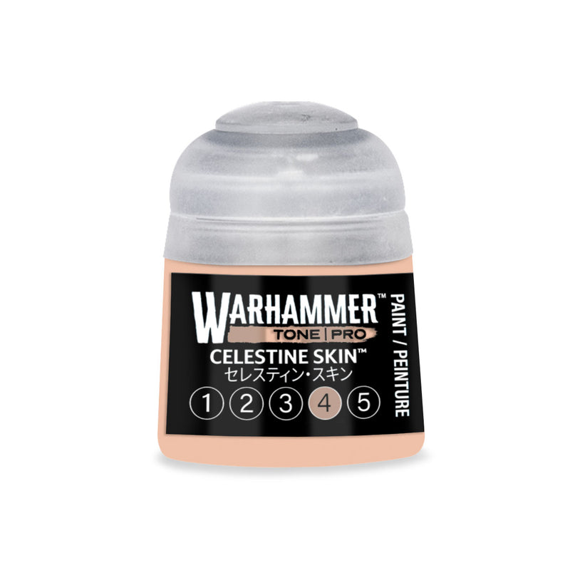 Warhammer Tone Pro paint pot labeled Celestine Skin with a numbered scale from one to five, featuring the number four highlighted.