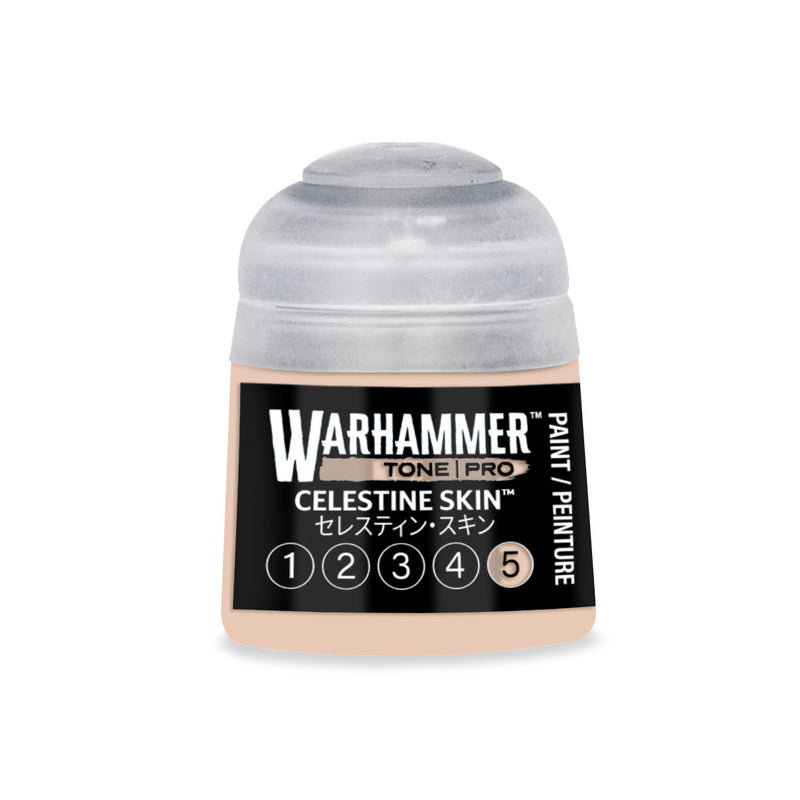 Small Warhammer Tone Pro paint pot labeled Celestine Skin with a numbered scale from one to five at the bottom.