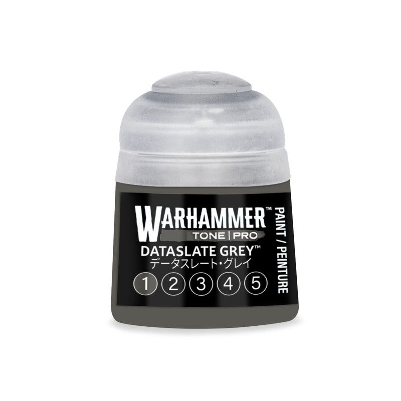 Warhammer Tone Pro grey plastic paint pot with a translucent cap, featuring a row of numbers from one to five.