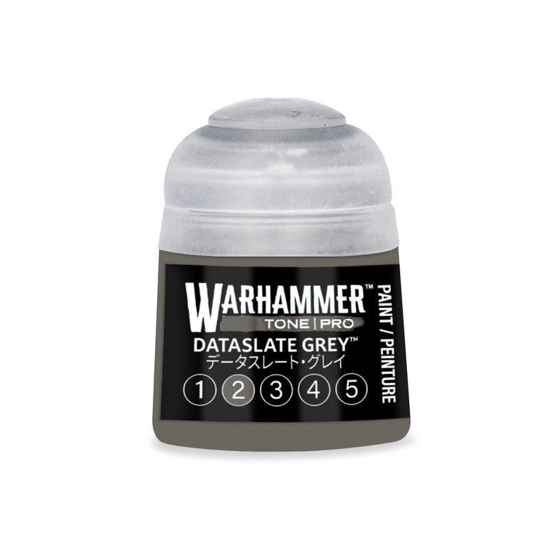 A small Warhammer Tone Pro plastic bottle of Dataslate Grey model paint, featuring a translucent cap and a label marked with the numbers one through five.