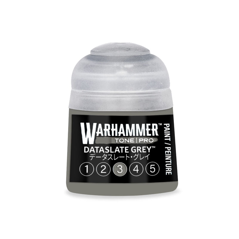 A pot of Warhammer Tone Pro in Dataslate Grey with a row of numbers from one to five.