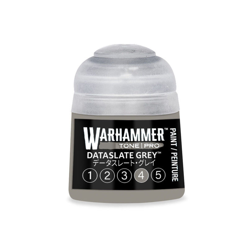 A Warhammer Tone Pro grey paint pot with a black label featuring the text Dataslate Grey and a row of numbers from one to five.