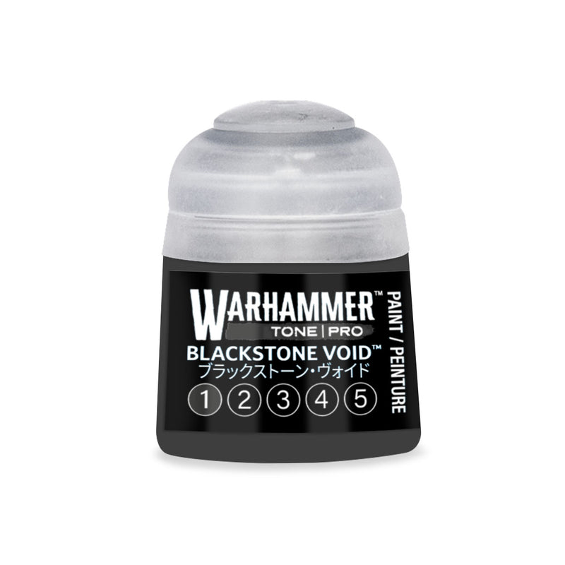 A small pot of Warhammer Tone Pro hobby paint in Blackstone Void, featuring a translucent cap and a label with a row of circled numbers one through five.