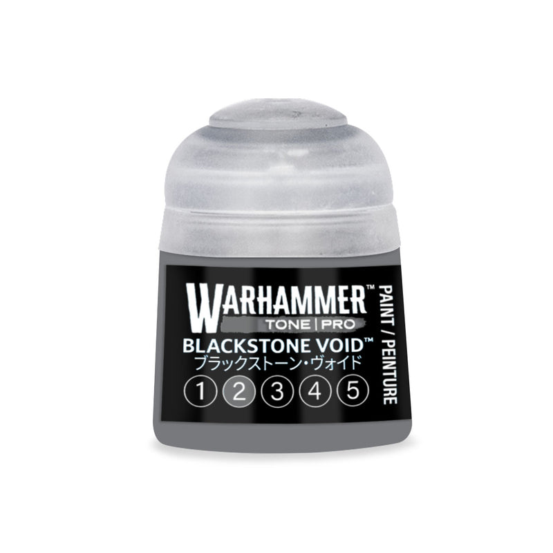 Small pot of grey Warhammer Tone Pro paint with a Blackstone Void label featuring a row of numbers one through five enclosed in circles.