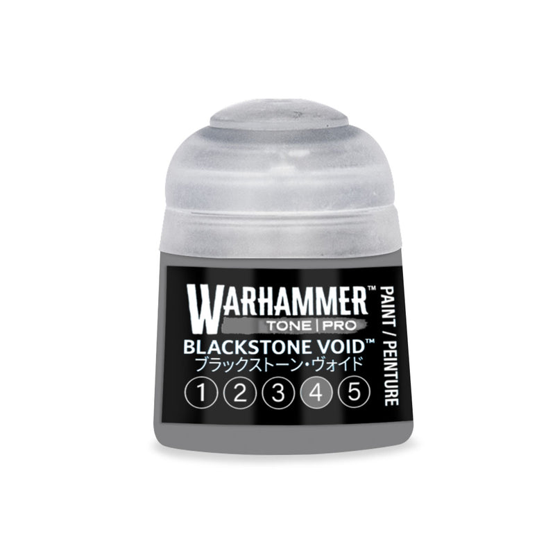 Small gray Warhammer Tone Pro paint pot in Blackstone Void, featuring a numbered scale from one to five.