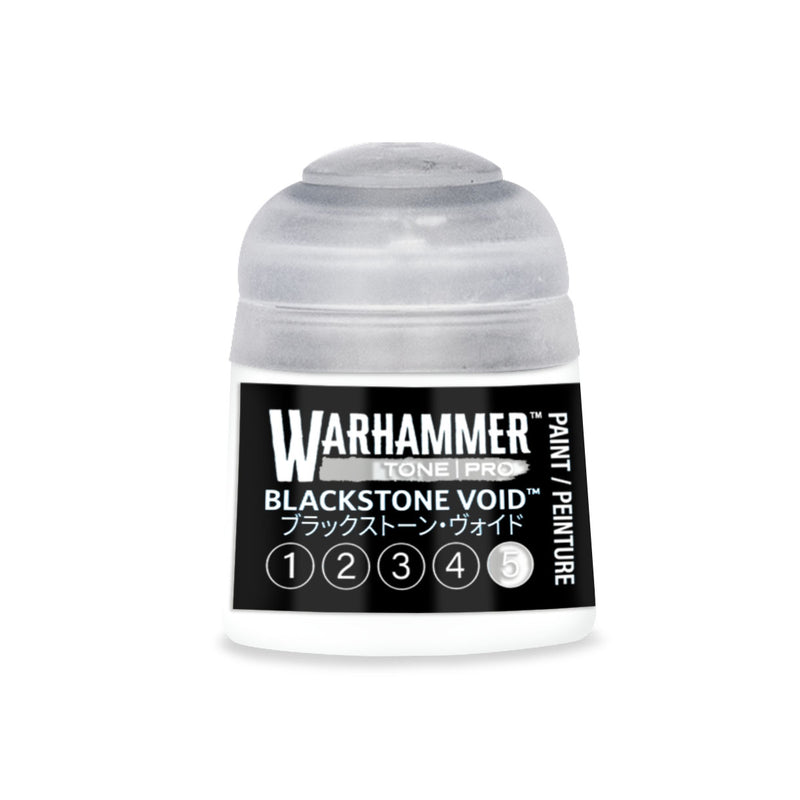 A Warhammer Tone Pro plastic paint pot with a black Blackstone Void label, featuring a numbered scale from one to five with the fifth number highlighted.