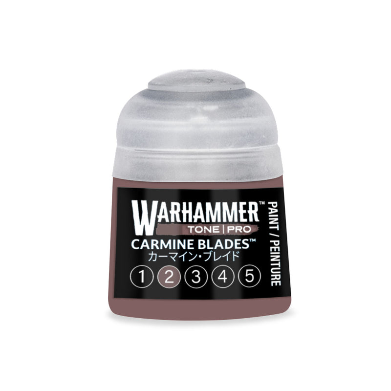 Warhammer Tone Pro paint pot labeled Carmine Blades, featuring a numbered scale from 1 to 5.