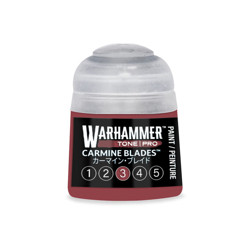 A Warhammer Tone Pro paint pot with a clear cap and a dark red base, featuring a label that reads Carmine Blades with the number three highlighted in a circle among one through five.