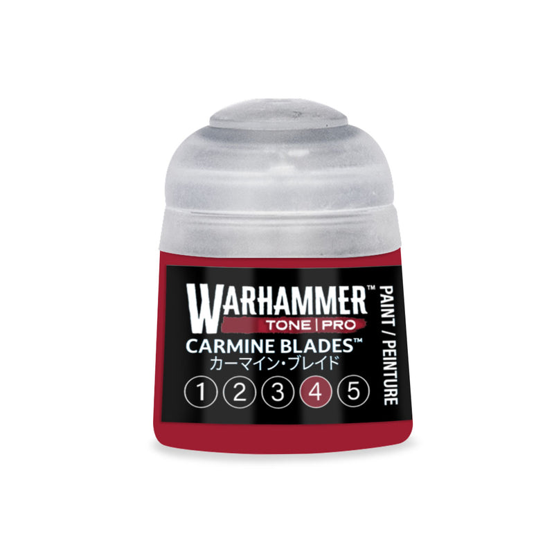 A bottle of Warhammer Tone Pro red paint labeled Carmine Blades, featuring a numbered scale from one to five with the number four highlighted.
