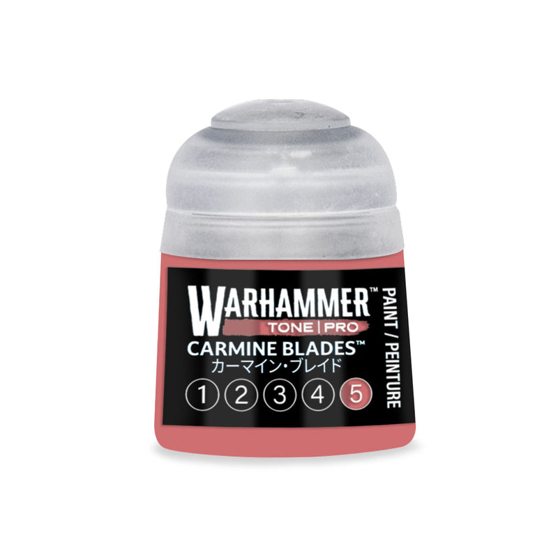 Small pot of Warhammer Tone Pro paint labeled Carmine Blades, featuring a numbered scale from one to five.