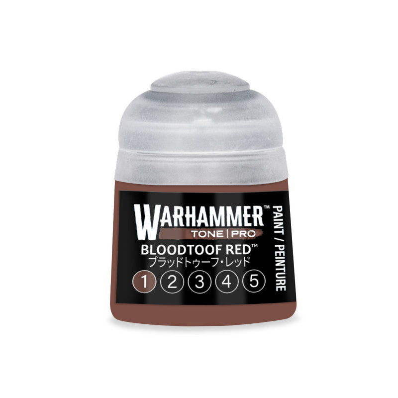 A small Warhammer Tone Pro paint pot with a dark brown label labeled Bloodtoof Red, featuring a numbered scale from one to five.