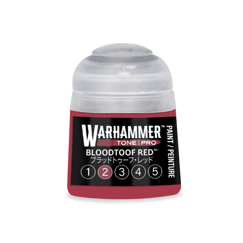 A small Warhammer Tone Pro plastic bottle of Bloodtoof Red paint, featuring a label with a row of numbered circles from one to five.