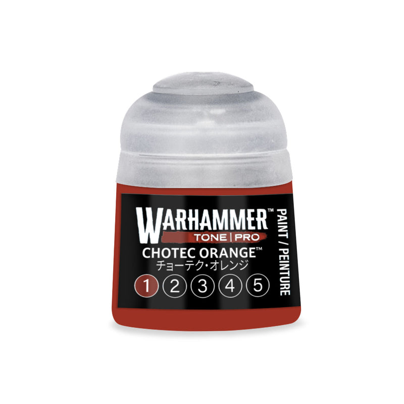 Warhammer Tone Pro paint pot labeled Chotec Orange with a numerical scale from 1 to 5.