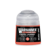 Small Warhammer Tone Pro plastic paint pot in Chotec Orange, featuring a clear cap and a label with a numbered scale from one to five.