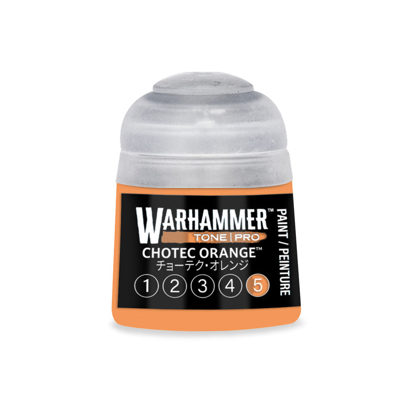 Plastic pot of Warhammer Tone Pro Chotec Orange paint featuring a label with a circular icon highlighting the number five.