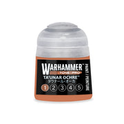 A plastic bottle of Warhammer Tone Pro paint in Taunar Ochre, featuring a label with the product name and a row of numbers one through five.