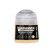 Small plastic pot of Warhammer Tone Pro light ochre paint with a black label featuring the name Taunar Ochre and a numbered scale from one to five with the fifth circle highlighted.