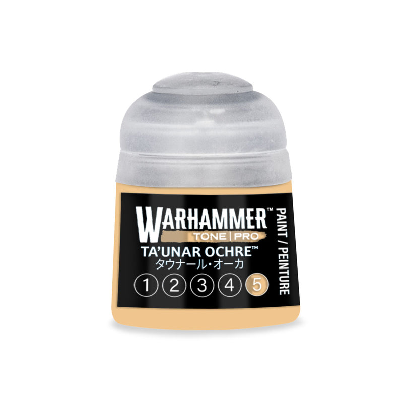 Small plastic pot of Warhammer Tone Pro light ochre paint with a black label featuring the name Taunar Ochre and a numbered scale from one to five with the fifth circle highlighted.