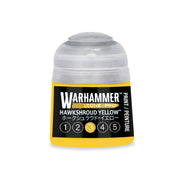 Yellow Warhammer Tone Pro miniature paint pot with a clear cap and a black label featuring the name Hawkshroud Yellow and a highlighted number 3.